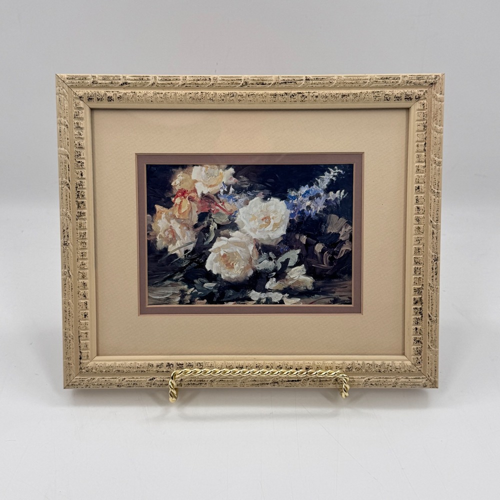 Framed Floral Still Life Print Basket of Flowers Cream Distressed Frame